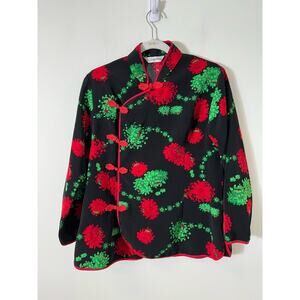 Loon Feng Printed Red and Green Flower Mandarin Jacket with Collar Sz L